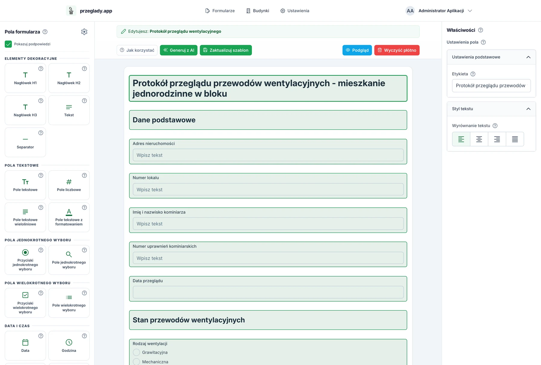 Widok kreatora formularzy
